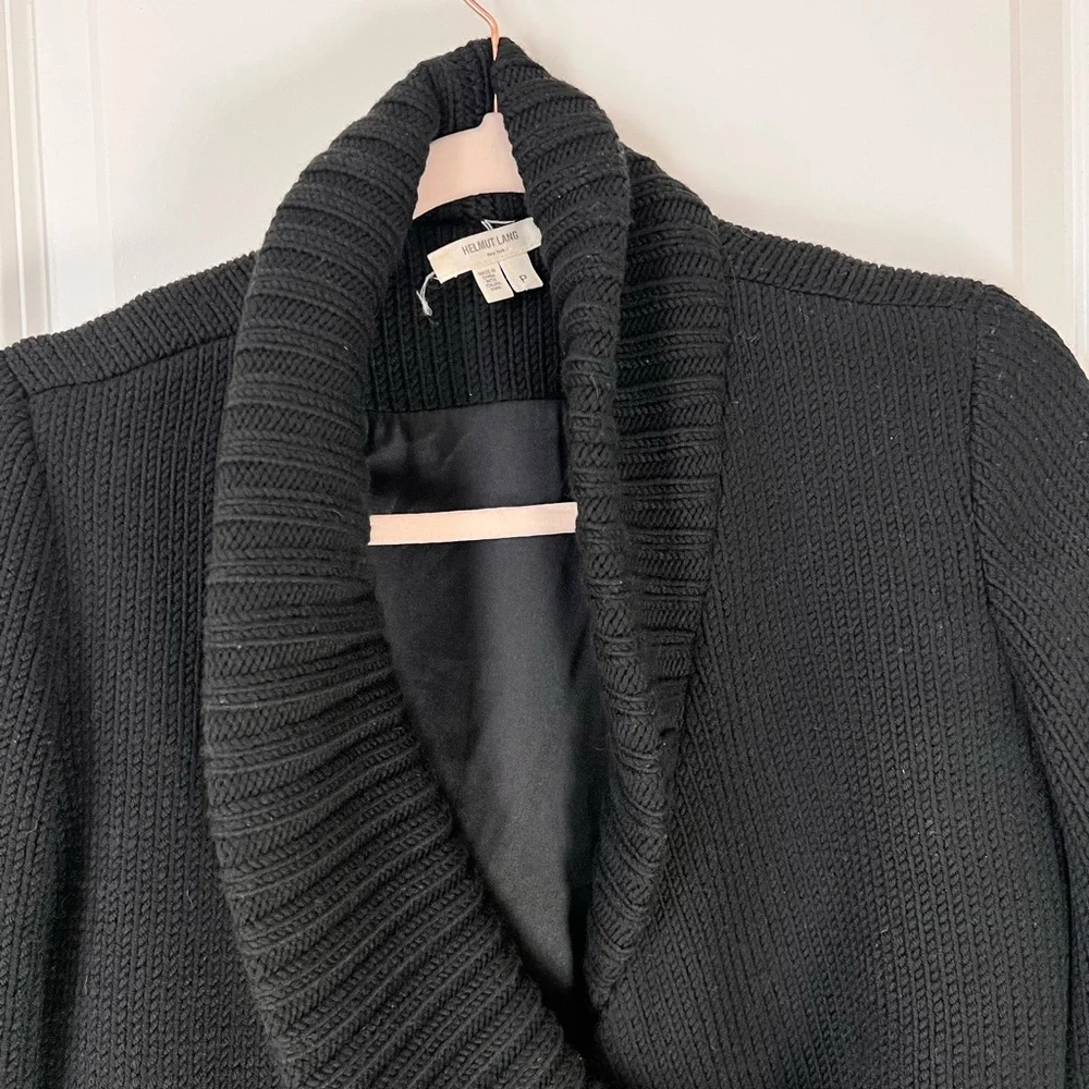 Helmut Lang Black Cable Knit Cardigan 100% Wool Buckle Closure Long Sleeve Petit